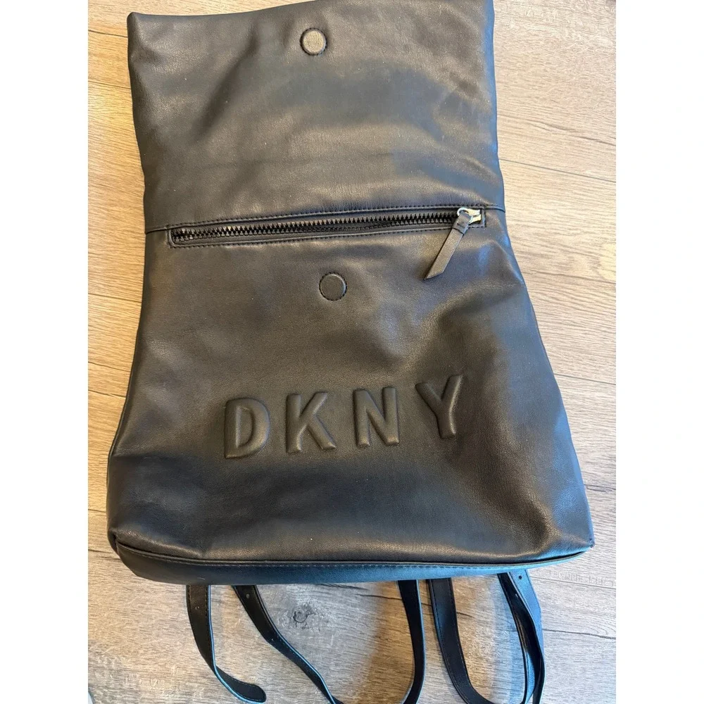 DKNY Black Faux Leather Foldover Roll Top‎ Backpack Flap Closure